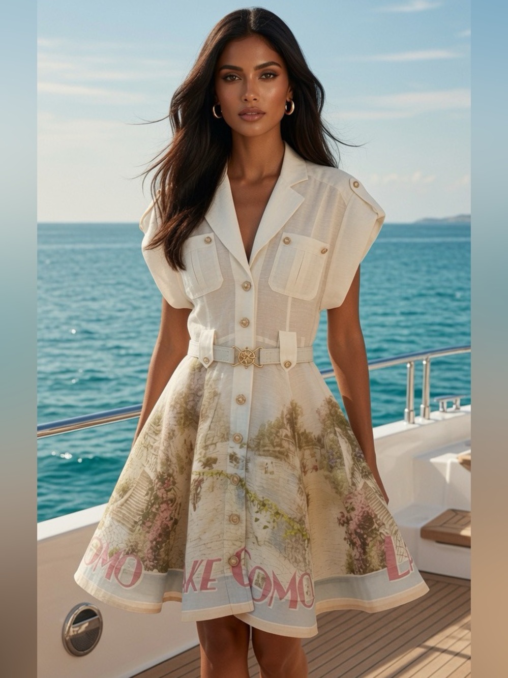 Zimmermann Cream Belted Mini Dress with Pastel Lake Print